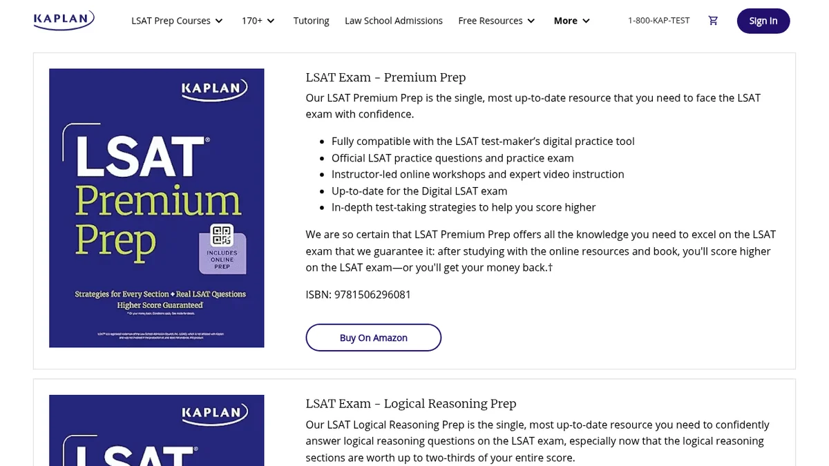 Kaplan's LSAT books page showing the LSAT Premium Prep cover, its five feature bullets, the score guarantee sentence and ISBN 9781506296081