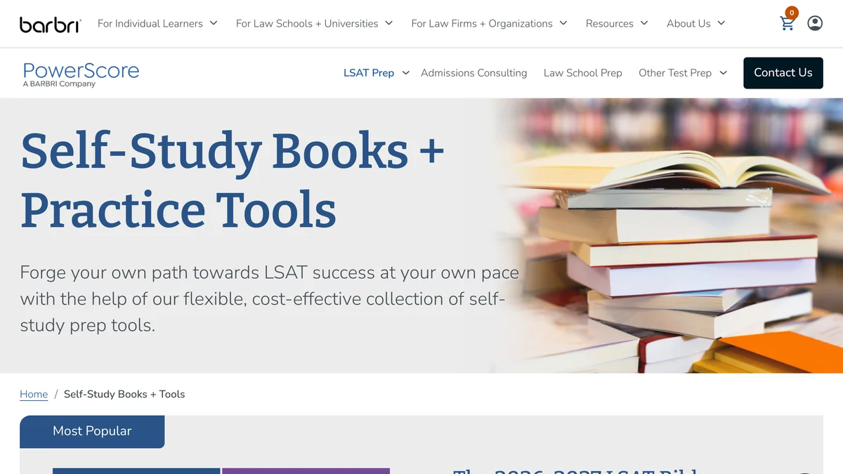 The PowerScore Self-Study Books and Practice Tools catalog page, headed Self-Study Books plus Practice Tools, showing the 2026-2027 LSAT Bible Duology as the most popular product with a 2026-2027 edition best seller badge