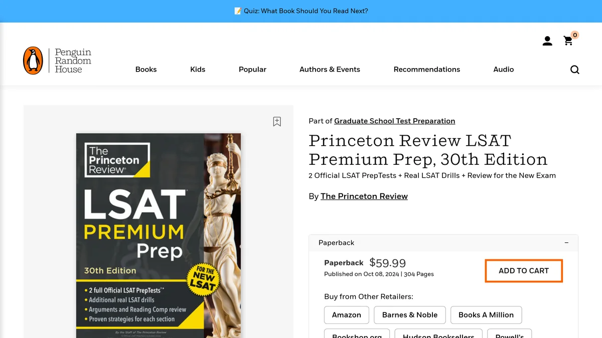 The Penguin Random House product page for Princeton Review LSAT Premium Prep, 30th Edition, showing the cover, the $59.99 paperback price, the 8 October 2024 publication date, 304 pages, and eight retailer buttons