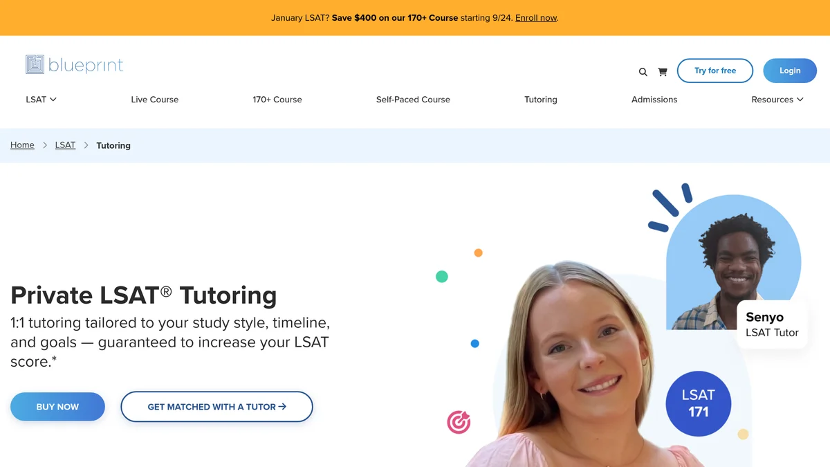Blueprint LSAT tutoring page headlined Private LSAT Tutoring with the subheading one to one tutoring tailored to your study style, timeline and goals, guaranteed to increase your LSAT score, next to a student photo captioned Eloise plus 10 points and a tutor card for Senyo