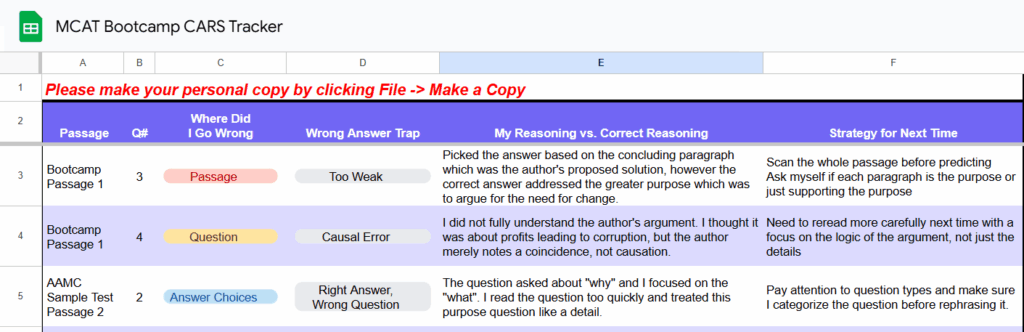 MCAT Bootcamp CARS Tracker Tool
