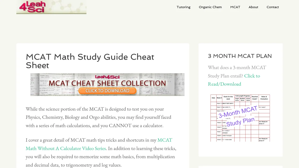 The Leah4Sci MCAT Math Study Guide Cheat Sheet page showing the cheat sheet collection download banner and the opening line that the MCAT science sections require calculations you cannot use a calculator for