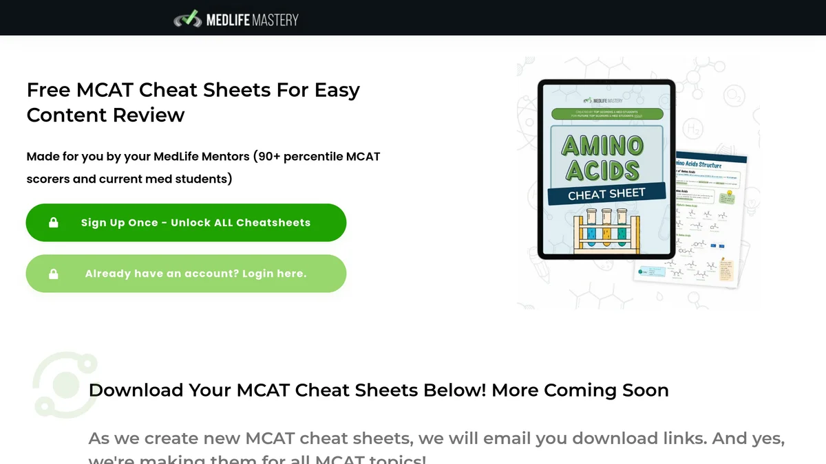 The MedLife Mastery MCAT cheat sheets page showing the Amino Acids sheet preview and two padlocked buttons reading Sign Up Once to Unlock ALL Cheatsheets and Already have an account, Login here