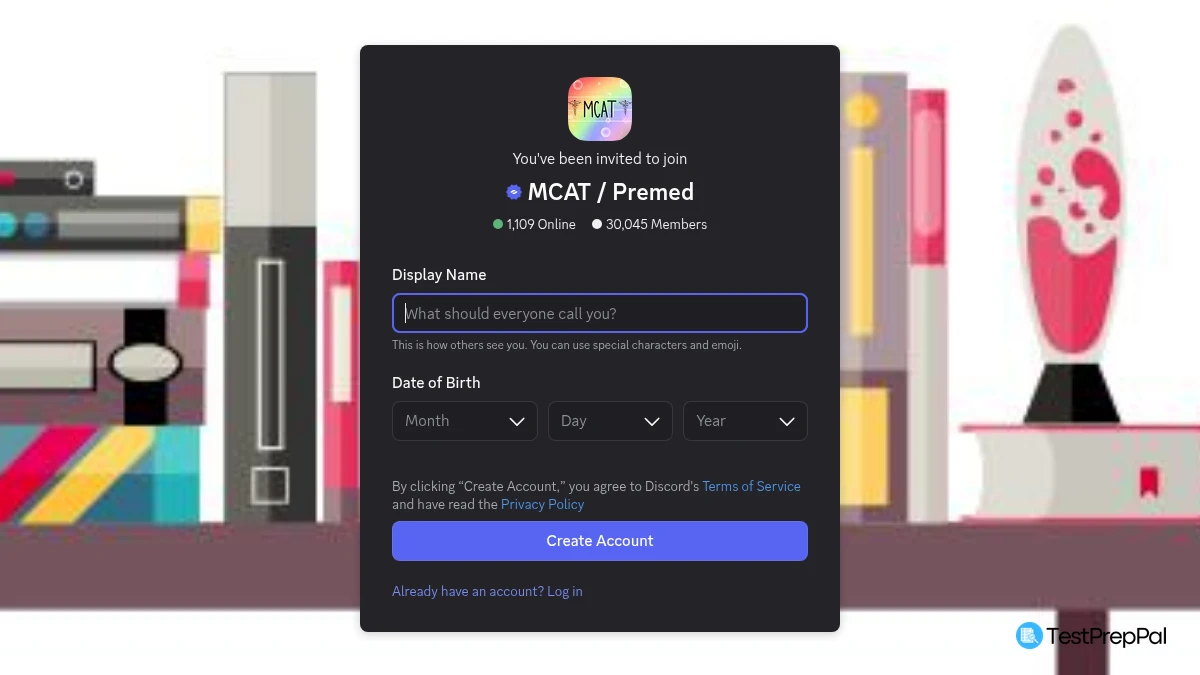 The Discord invite card for the MCAT / Premed server, showing the server name, 1,109 Online and 30,045 Members above a form asking for a display name and date of birth