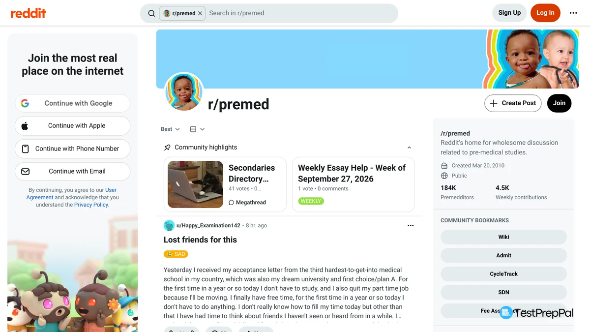 The r/premed subreddit on reddit.com, showing the pinned Secondaries Directory and Weekly Essay Help highlights, the sidebar description, Created Mar 20 2010, Public, and the stats 184K Premedditors and 4.5K Weekly contributions
