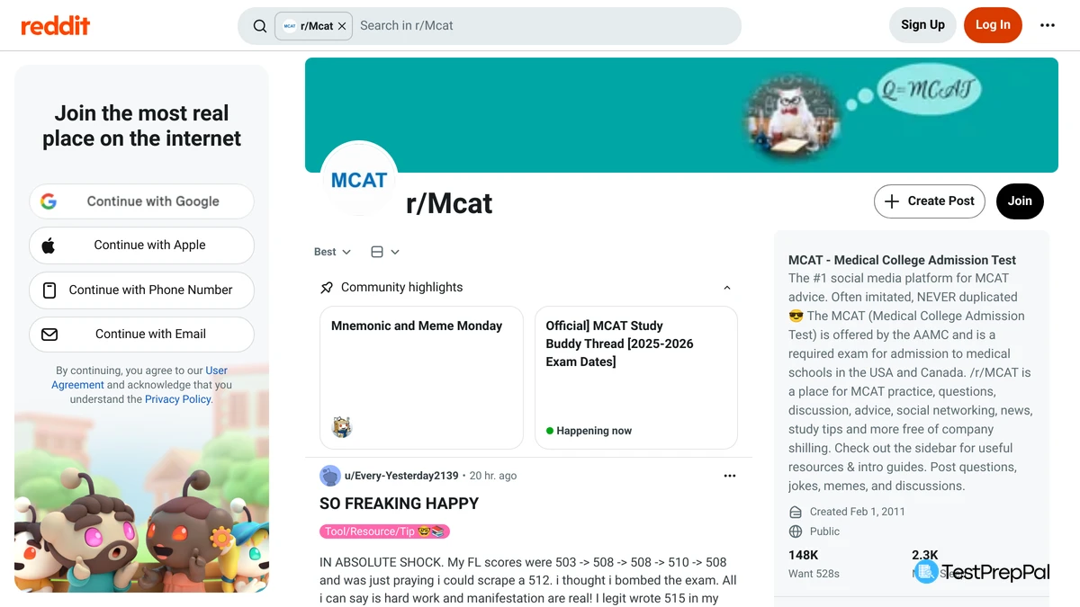 The r/MCAT subreddit on reddit.com, showing the community highlights for Mnemonic and Meme Monday and the Official MCAT Study Buddy Thread, the sidebar description, Created Feb 1 2011, and the stats 148K and 2.3K