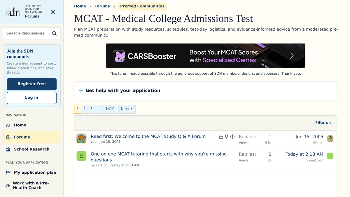The Student Doctor Network MCAT forum front page, showing a sponsor banner above the thread list, pagination reading 1, 2, 3 to 1410, and the locked Read first welcome thread posted in June 2005 with one reply and 53,000 views