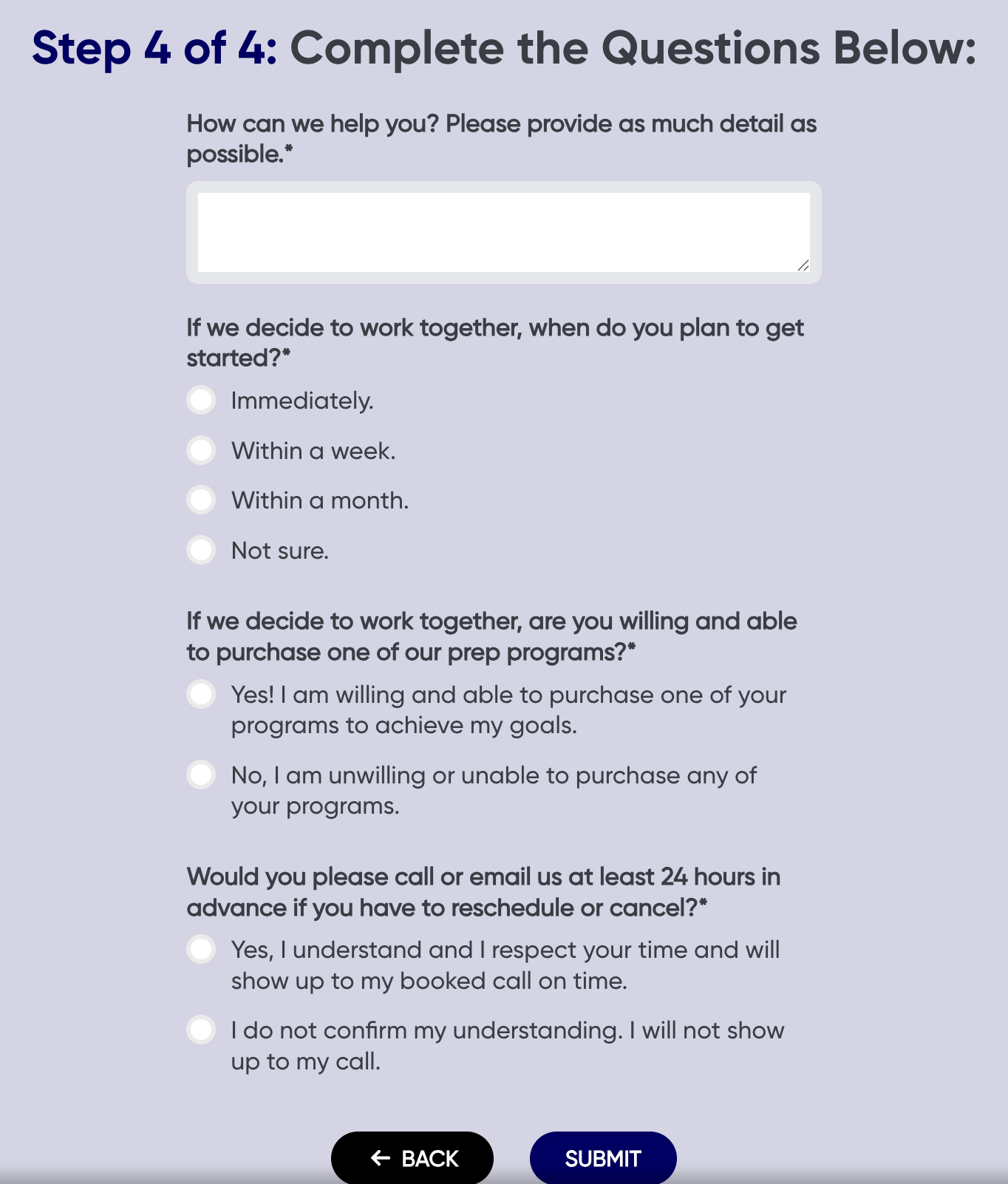 BeMo free strategy call signup step 4: final questions