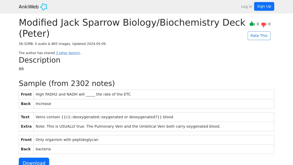 AnkiWeb listing for a Jack Sparrow MCAT deck showing sample front-and-back and cloze cards and a download button