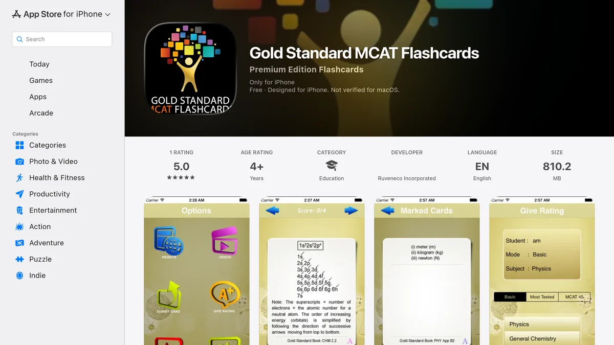 Apple App Store listing for Gold Standard MCAT Flashcards showing a free price, one rating of 5.0, an 810.2 MB download size, developer Ruveneco Incorporated, and app screenshots with Basic, Most Tested and MCAT 45 tabs