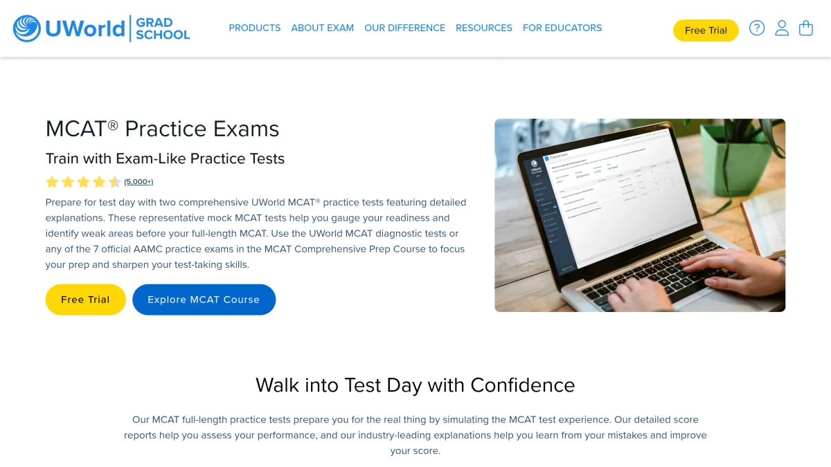 UWorld MCAT Practice Exams product page showing the two included full-length mock exams and the free trial call to action