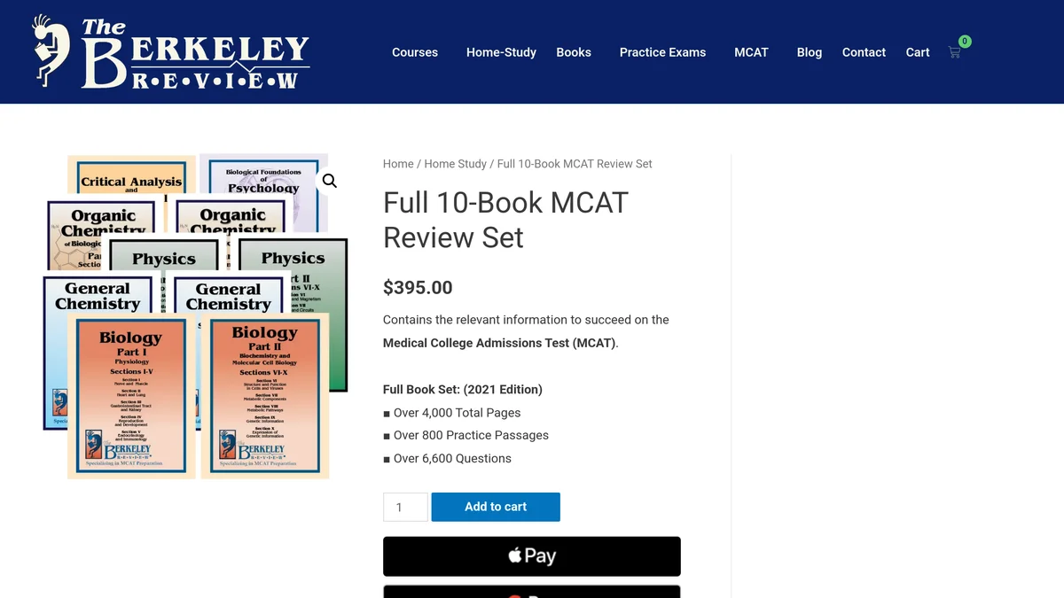 The Berkeley Review Full 10-Book MCAT Review Set product page showing the ten book covers fanned out, a price of 395 dollars, and a description reading Full Book Set 2021 Edition with over 4,000 total pages, over 800 practice passages and over 6,600 questions