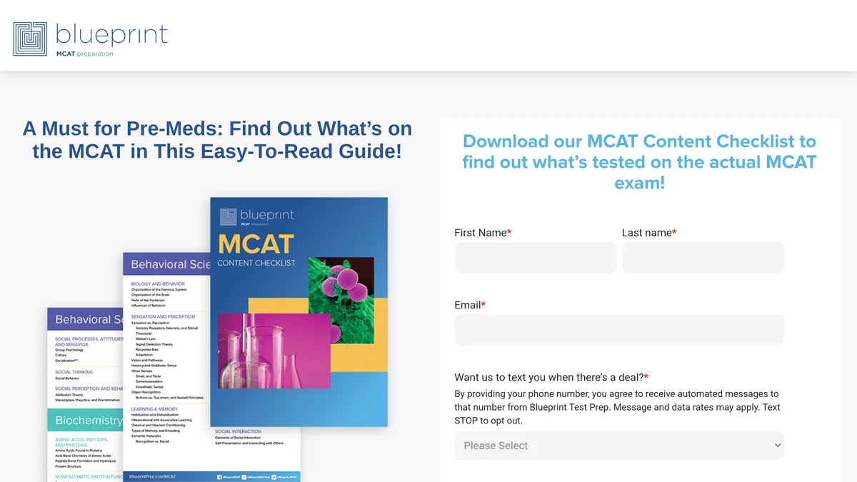 The Blueprint landing page for the MCAT Content Checklist, showing preview pages of the checklist beside a download form asking for first name, last name, email, a text-message opt-in and graduation year