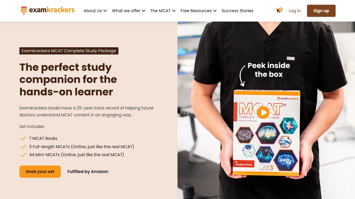 Examkrackers MCAT Complete Study Package product page showing the boxed set held by a student, with the set contents listed as 7 MCAT books, 3 full-length online MCATs and 44 mini-MCATs, next to a Grab your set button marked Fulfilled by Amazon