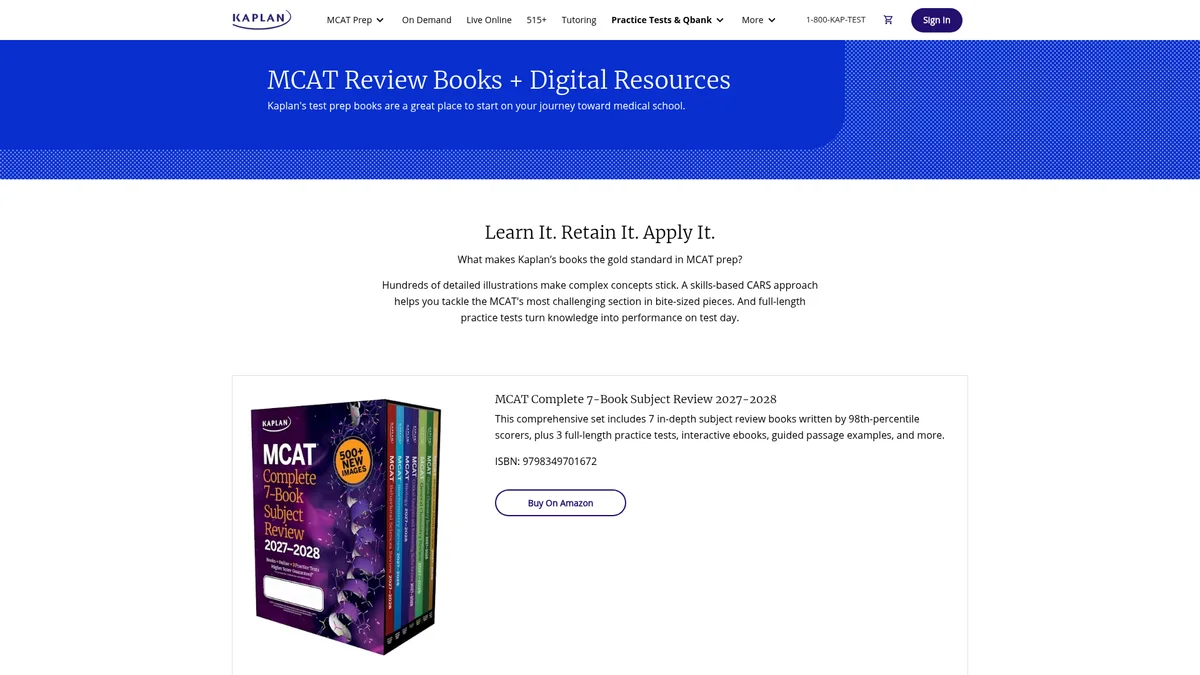 Kaplan MCAT Review Books page at kaptest.com showing the purple MCAT Complete 7-Book Subject Review 2027-2028 box set, its ISBN 9798349701672, the set description listing 7 subject books and 3 full-length practice tests, and a Buy On Amazon button