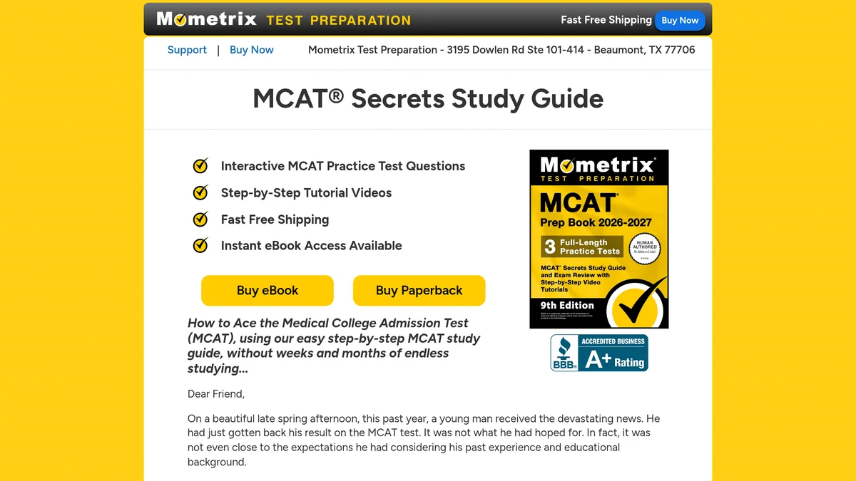 Mometrix MCAT Secrets Study Guide product page showing the 9th edition cover marked MCAT Prep Book 2026-2027 with 3 full-length practice tests, a Buy eBook and a Buy Paperback button, and the opening of a sales letter addressed Dear Friend
