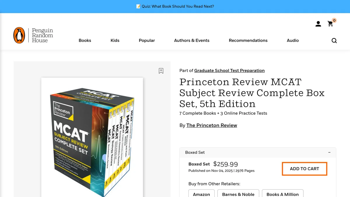 Penguin Random House product page for the Princeton Review MCAT Subject Review Complete Box Set 5th Edition, showing the black and yellow box with seven spines, the subtitle 7 Complete Books plus 3 Online Practice Tests, a boxed set price of 259.99 dollars, publication date November 4 2025 and 2,976 pages