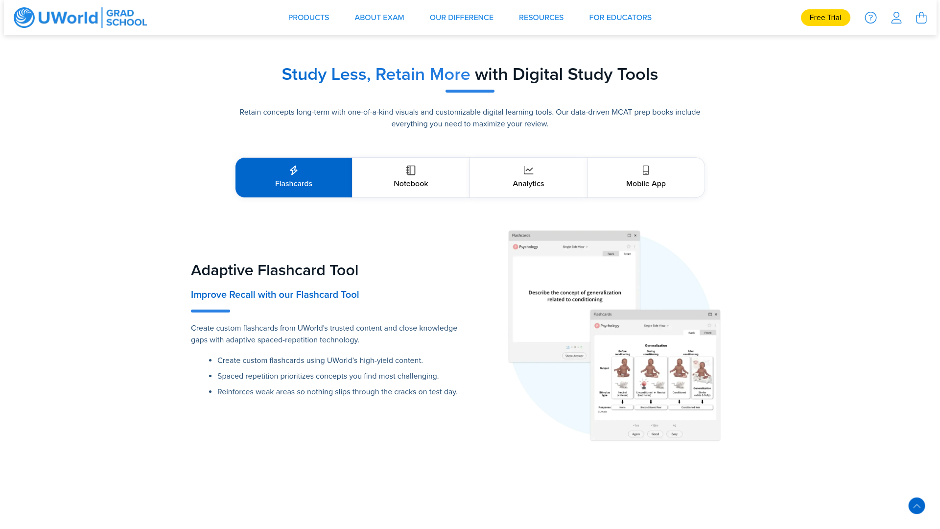 UWorld MCAT UBook flashcard tool showing a spaced-repetition card built from book content
