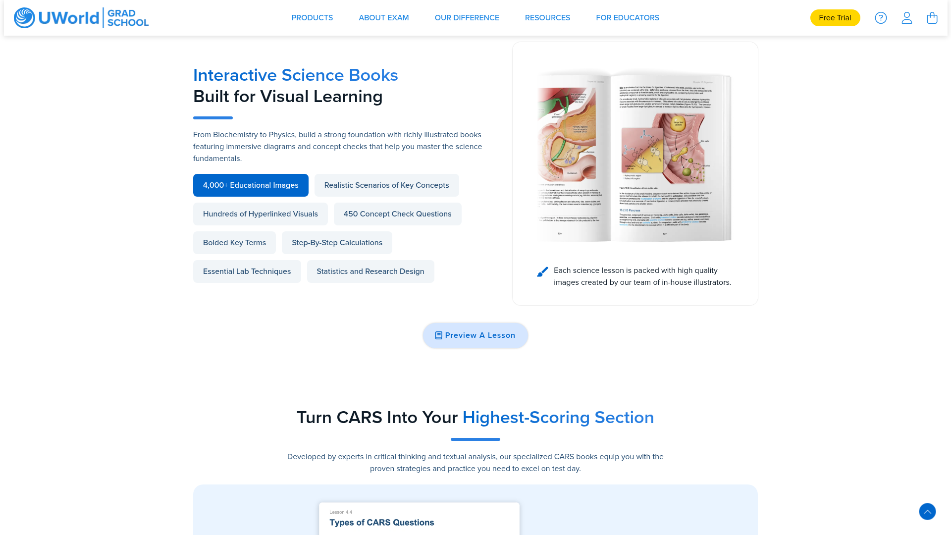 UWorld MCAT biology UBook page showing an annotated illustration of a pancreas next to the lesson text