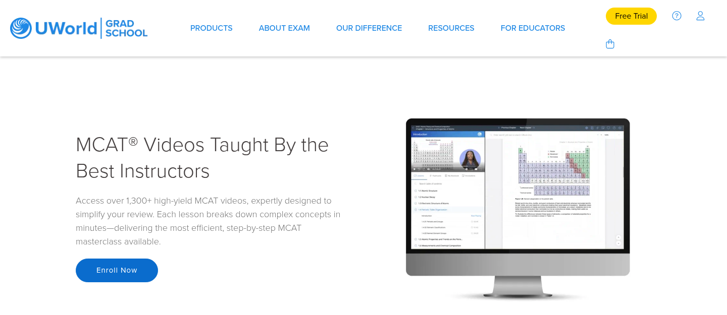 UWorld MCAT video lessons page showing the in-app video player alongside the digital book