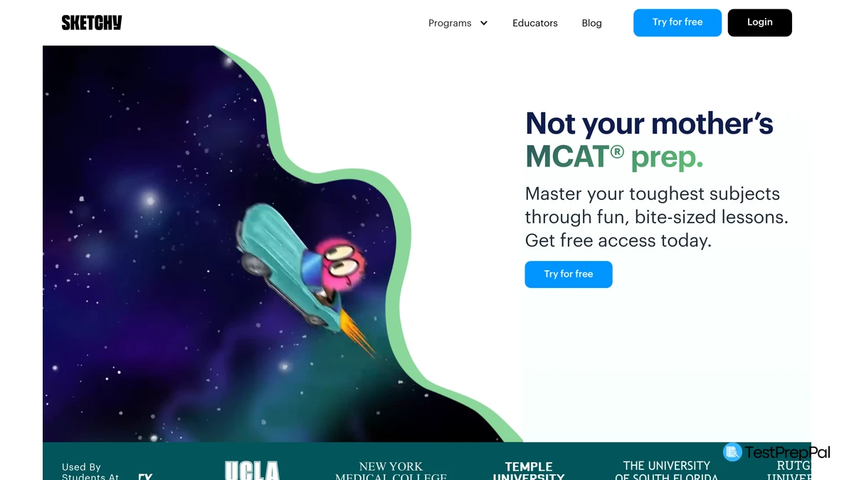 The Sketchy MCAT landing page at sketchy.com, with the headline Not your mother's MCAT prep, the line Master your toughest subjects through fun bite-sized lessons, a Try for free button and an illustrated character flying a rocket-powered car through space