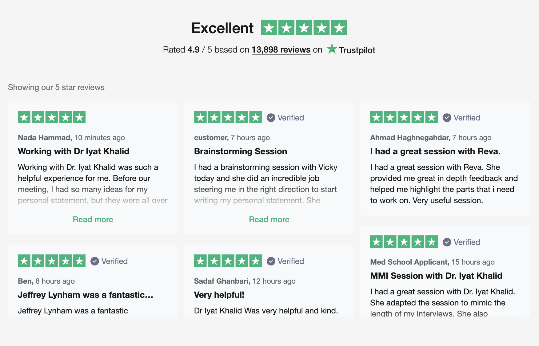 BeMo Trustpilot review feed for student sessions