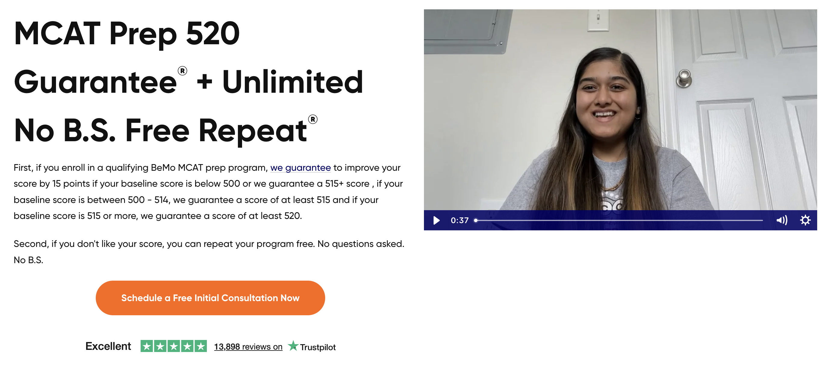 BeMo MCAT tutoring page highlighting 520 guarantee and free repeat