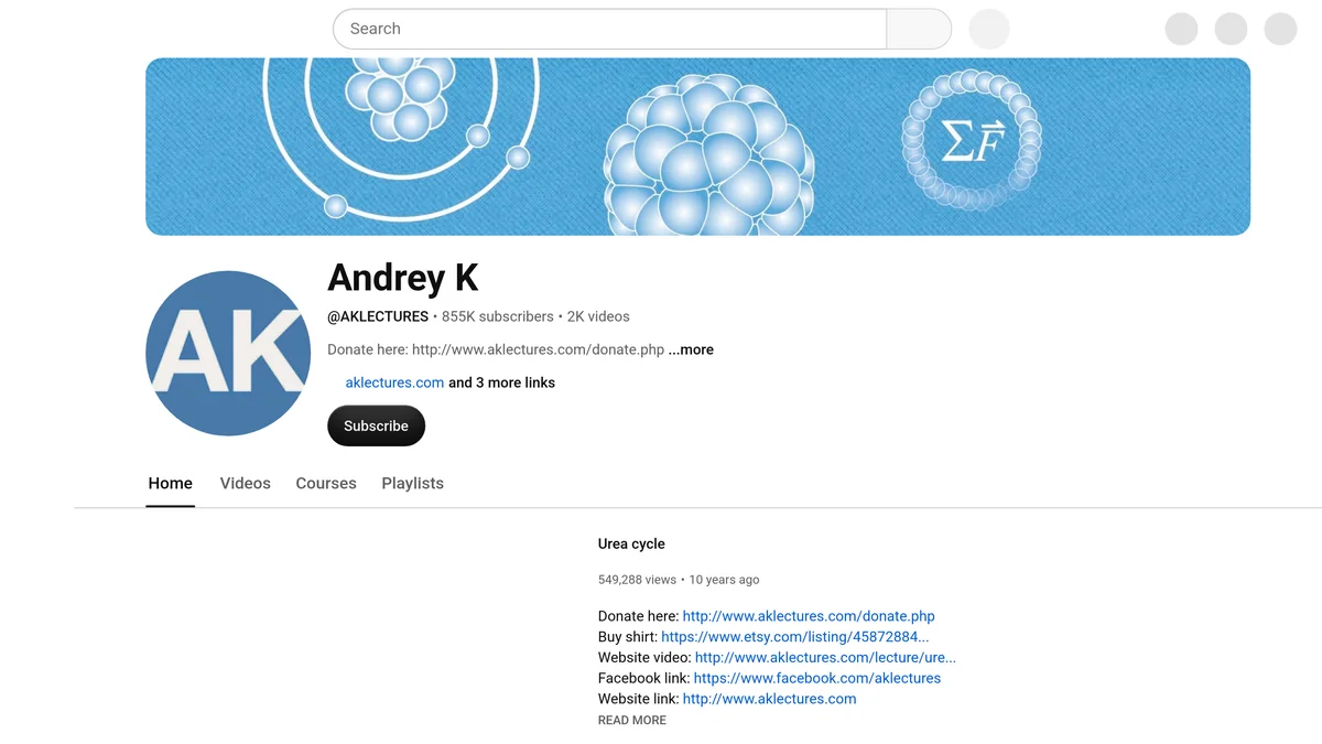 AK Lectures YouTube channel home page showing the handle at AKLECTURES, 855K subscribers, 2K videos, and the featured Urea cycle lecture with 549,288 views