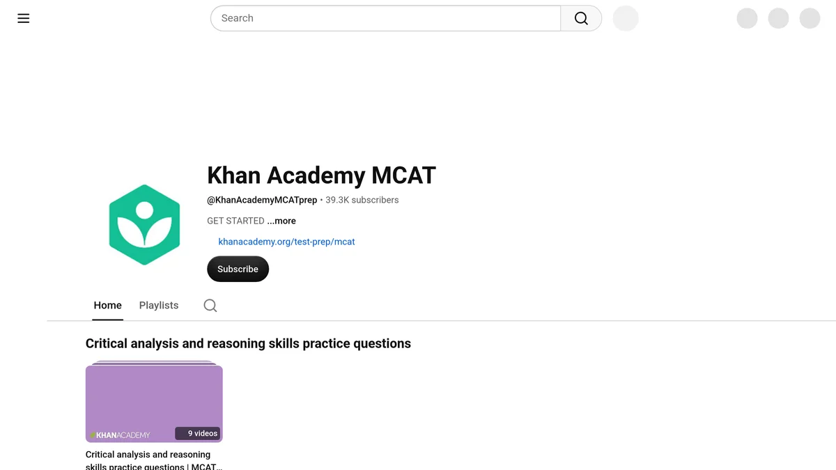 Khan Academy MCAT YouTube channel page showing the handle at KhanAcademyMCATprep, 39.3K subscribers, a link to khanacademy.org slash test-prep slash mcat, and the featured critical analysis and reasoning skills playlist holding 9 videos
