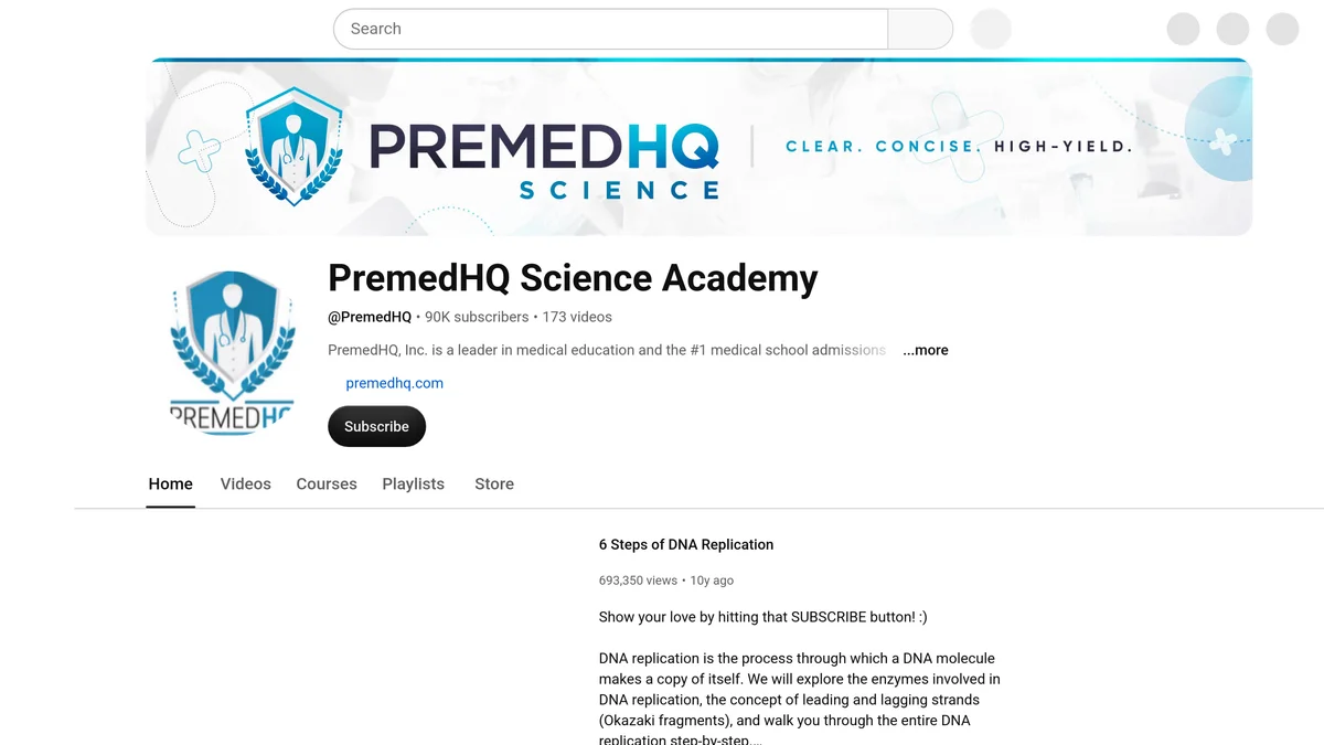 PremedHQ Science Academy channel page on YouTube showing the handle at PremedHQ, 90K subscribers, 173 videos, and the featured video 6 Steps of DNA Replication with 693,350 views posted 10 years ago