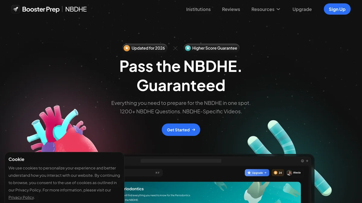 NBDHE Booster home page showing the headline Pass the NBDHE Guaranteed, the claim of 1200 plus NBDHE questions and NBDHE-specific videos, and the study platform behind it