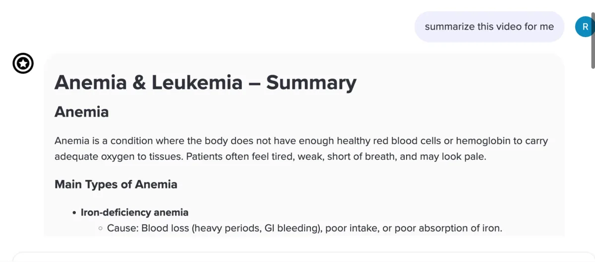 Ask Bootcamp AI producing a structured summary of the anemia and leukemia crash course video