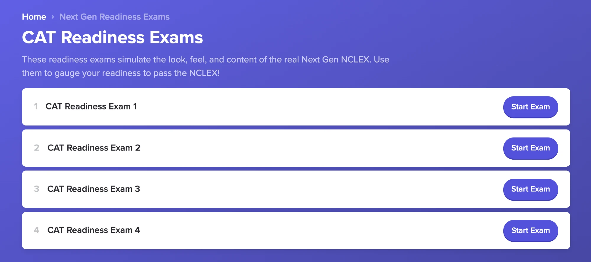 NCLEX Bootcamp CAT Readiness Exams page listing CAT Readiness Exams 1 to 4, each with a Start Exam button, under a header saying the exams simulate the look, feel, and content of the real Next Gen NCLEX