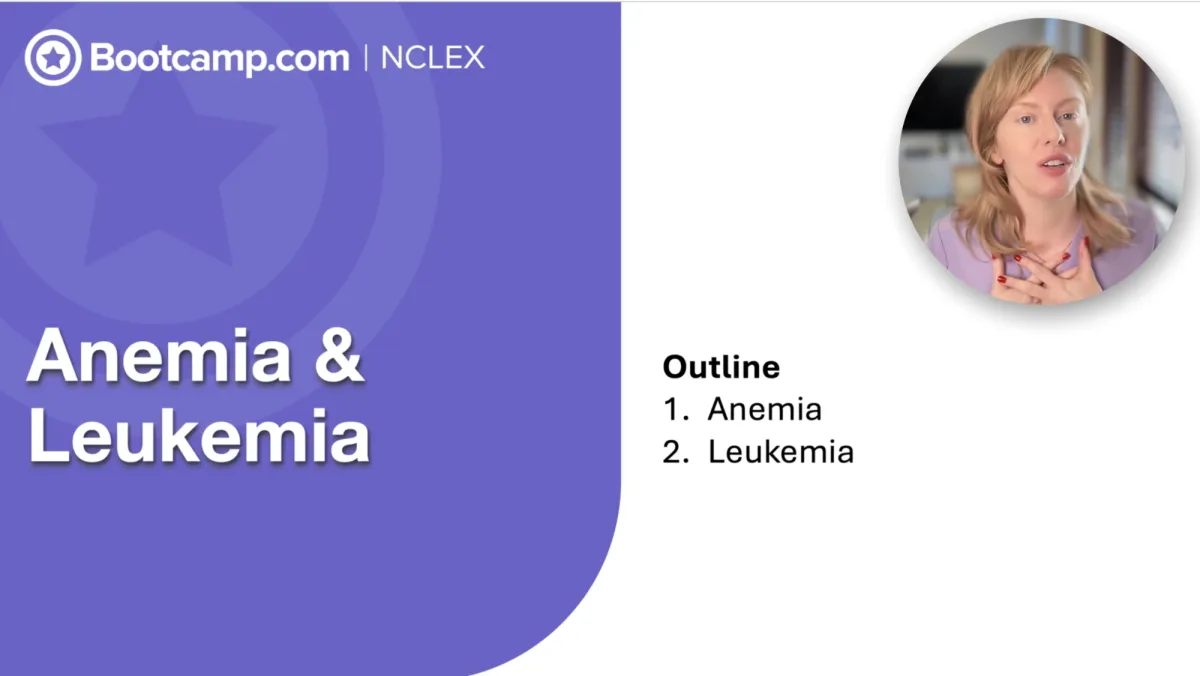 NCLEX Bootcamp crash course video on anemia and leukemia with the lesson outline and instructor on camera