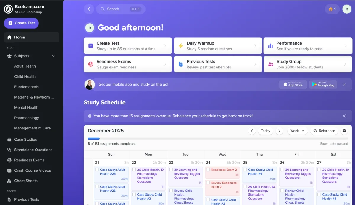 NCLEX Bootcamp dashboard with the subject sidebar, Create Test, Daily Warmup, Readiness Exams, and the weekly study schedule