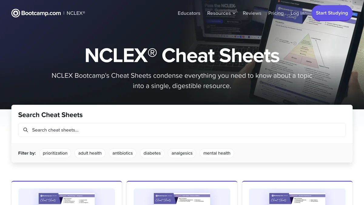 The bootcamp.com NCLEX cheat sheets page, headed NCLEX Cheat Sheets, with a search box, topic filters for prioritization, adult health, antibiotics, diabetes, analgesics and mental health, and the first three sheet thumbnails below