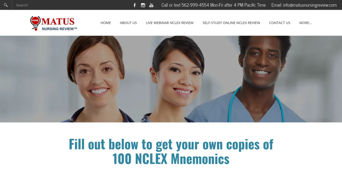 The Matus Nursing Review free NCLEX mnemonics page, headed Fill out below to get your own copies of 100 NCLEX Mnemonics, with a subscribe instruction below it and the site navigation above