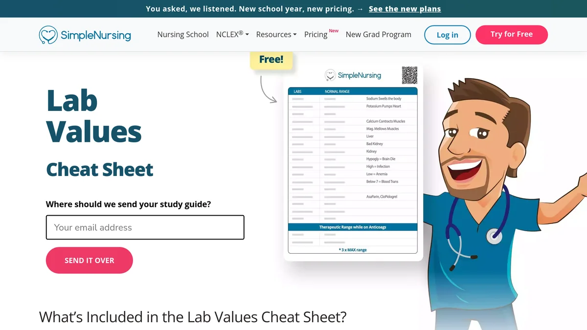 The SimpleNursing lab values cheat sheet landing page, headed Lab Values Cheat Sheet, with a single email field under the line Where should we send your study guide and a SEND IT OVER button, next to a preview of the printable card