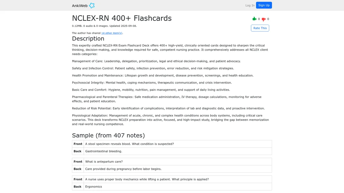 AnkiWeb listing for NCLEX-RN 400+ Flashcards showing 0.12MB, 0 audio and 0 images, updated 2025-09-08, zero ratings, the deck description and a sample drawn from 407 notes