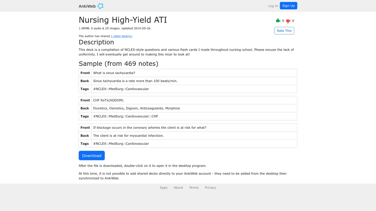 AnkiWeb listing for the Nursing High-Yield ATI deck showing 1.98MB, 0 audio and 25 images, updated 2019-05-24, a sample from 469 notes and a download button