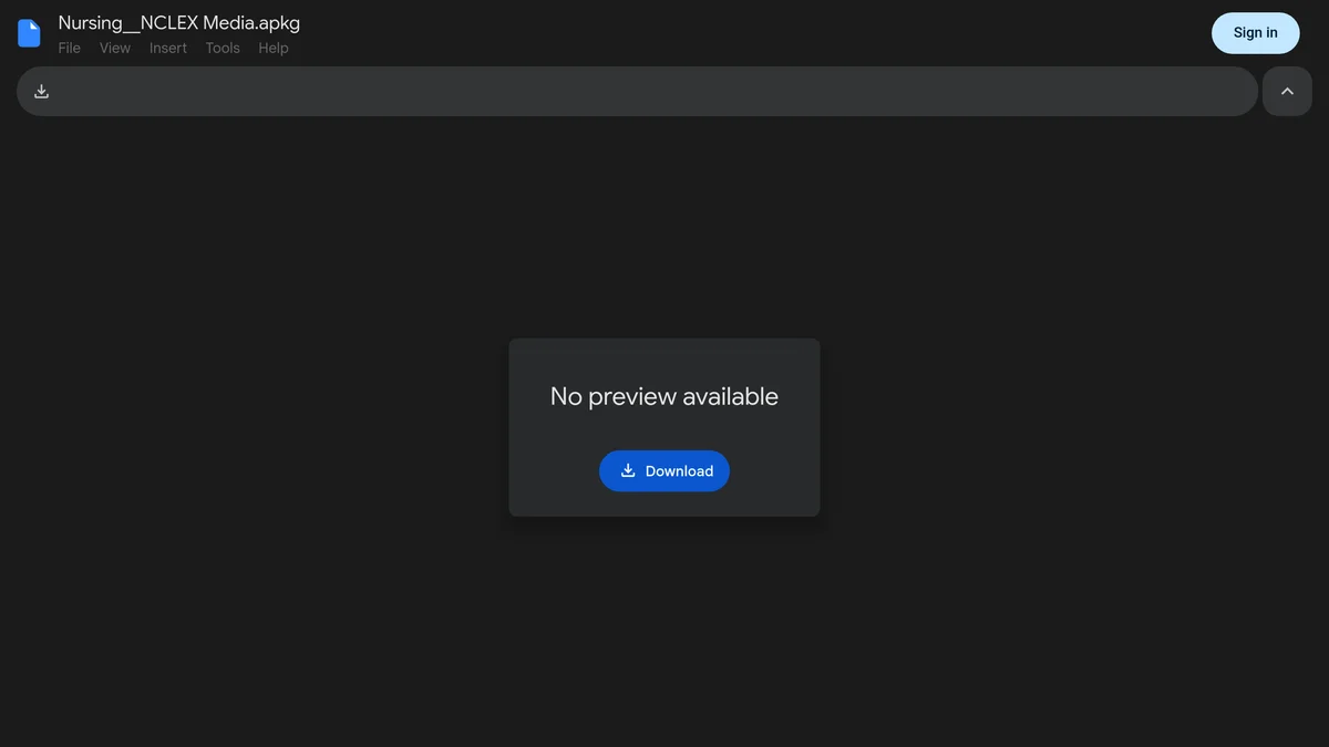 Google Drive page for Nursing__NCLEX Media.apkg showing the file name, a No preview available panel and a single blue Download button