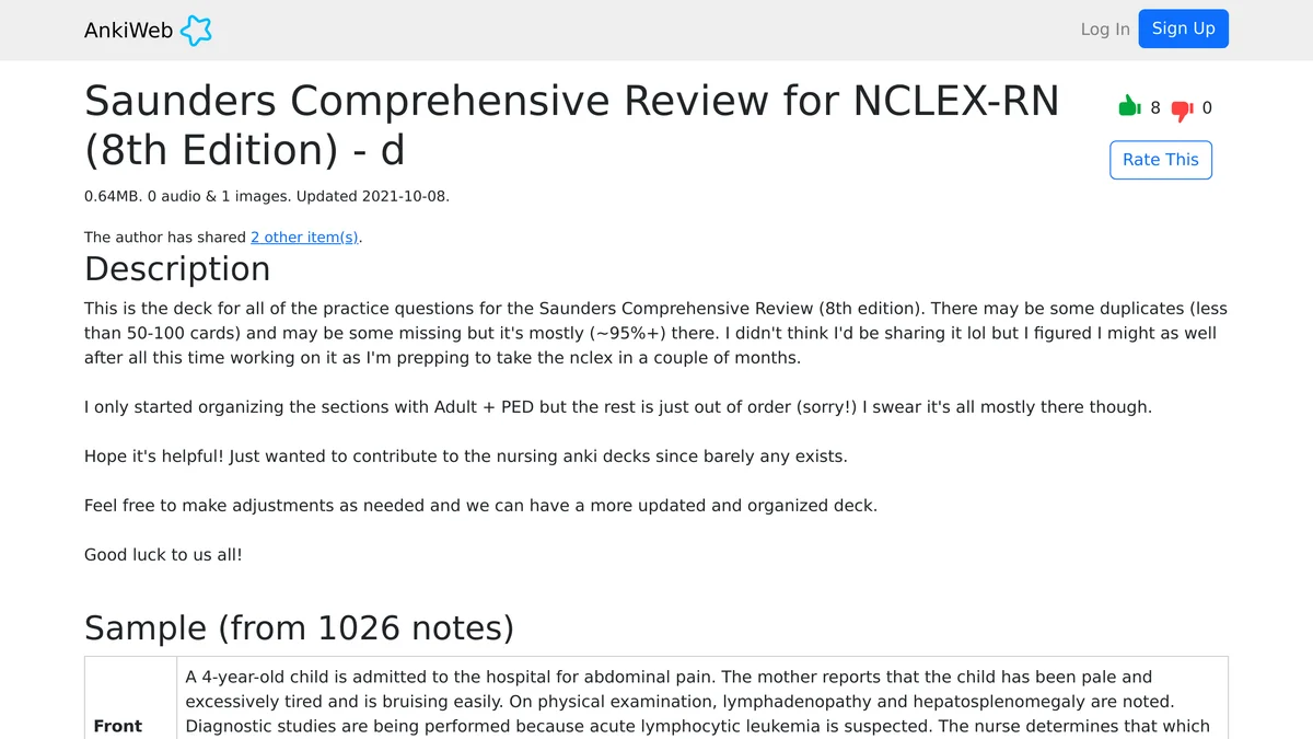 AnkiWeb listing for the Saunders Comprehensive Review for NCLEX-RN 8th Edition deck showing 0.64MB, 0 audio and 1 image, updated 2021-10-08, 8 thumbs up against 0 thumbs down, the creator's description and a sample drawn from 1026 notes