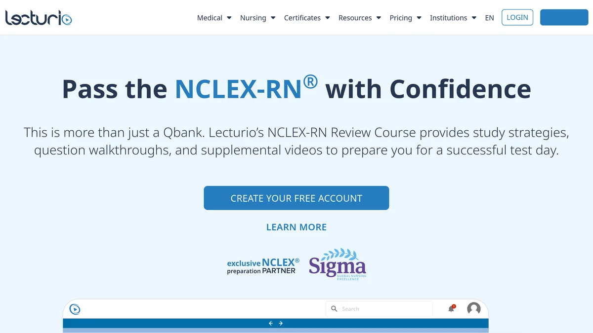 Lecturio's NCLEX-RN landing page with the headline Pass the NCLEX-RN with Confidence, a Create Your Free Account button, and the Sigma exclusive NCLEX preparation partner badge