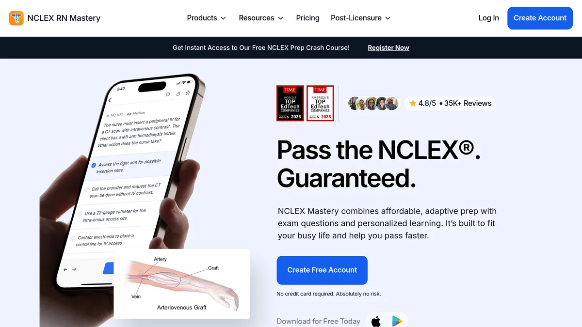 NCLEX RN Mastery product page headed Pass the NCLEX. Guaranteed., showing a phone with a practice question, a 4.8 out of 5 rating from 35,000 reviews, and a Create Free Account button