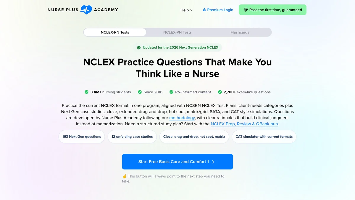 Nurse Plus Academy homepage showing the NCLEX-RN, NCLEX-PN and Flashcards tabs, badges reading 3.4M plus nursing students, since 2016, RN-informed content and 2,700 plus exam-like questions, four feature chips including 163 Next Gen questions and 12 unfolding case studies, and a blue Start Free Basic Care and Comfort 1 button
