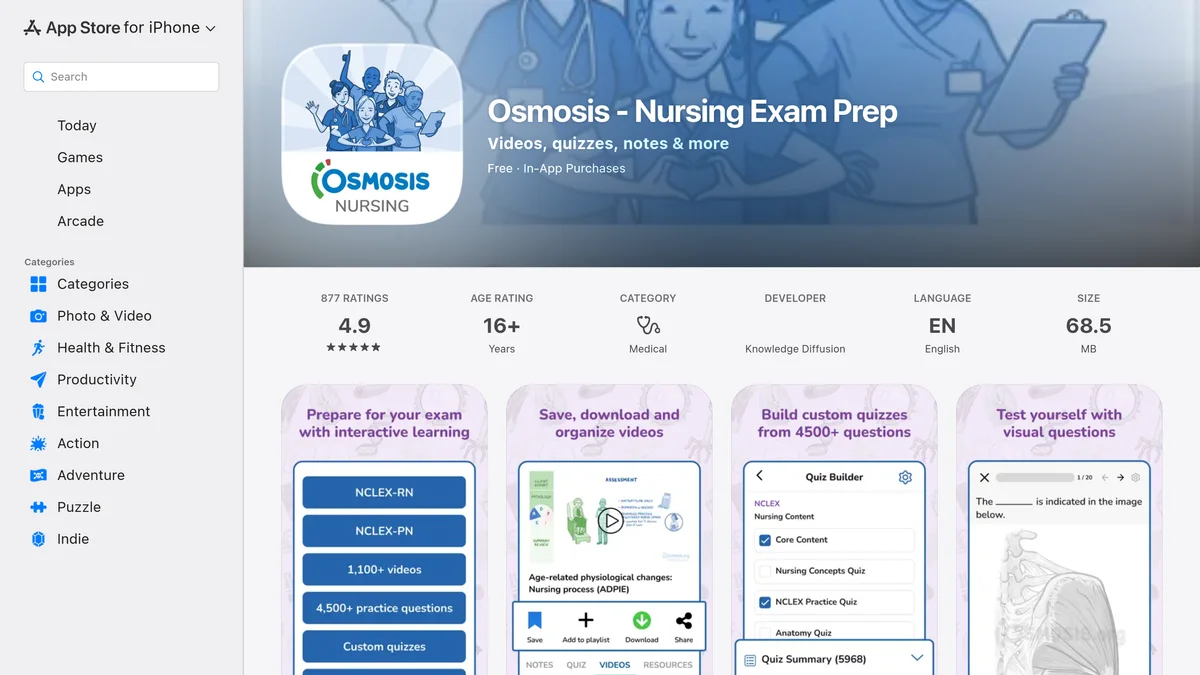The Osmosis Nursing Exam Prep App Store listing showing a 4.9 rating from 877 ratings, a 16+ age rating, developer Knowledge Diffusion, a 68.5 MB download, and app screenshots advertising 1,100+ videos and 4,500+ practice questions