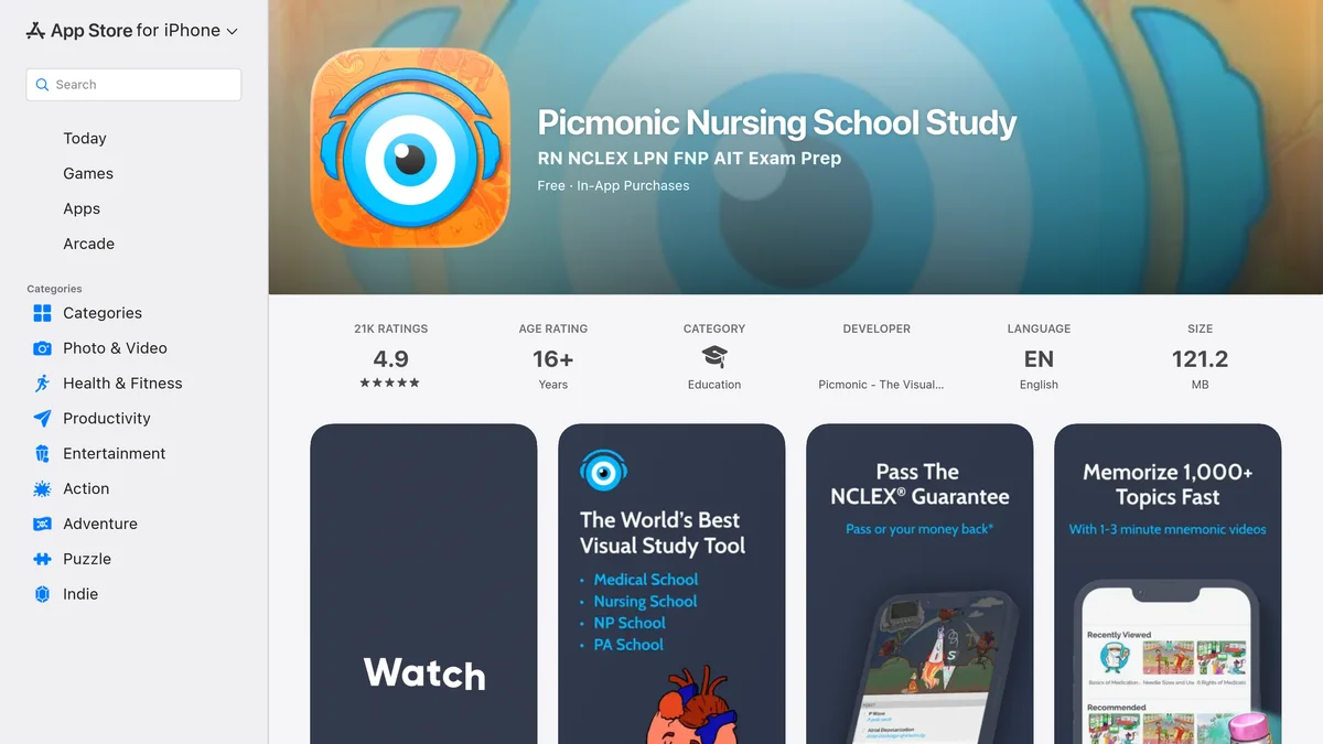 The Picmonic Nursing School Study App Store listing showing a 4.9 rating from 21K ratings, a 16+ age rating, the Education category, developer Picmonic - The Visual Learning Community, a 121.2 MB download, and app screenshots advertising a Pass The NCLEX Guarantee and 1-3 minute mnemonic videos