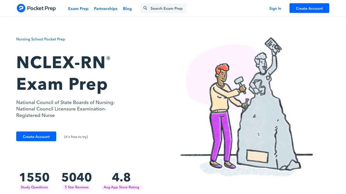 Pocket Prep NCLEX-RN product page headed NCLEX-RN Exam Prep, with a Create Account button marked free to try and three counters reading 1550 study questions, 5040 five star reviews and a 4.8 average App Store rating