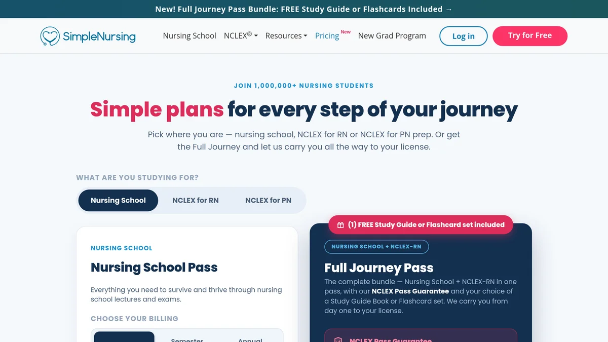 The SimpleNursing pricing page showing the plan picker for Nursing School, NCLEX for RN and NCLEX for PN, the Nursing School Pass card with monthly, semester and annual billing, and the Full Journey Pass card carrying the NCLEX Pass Guarantee