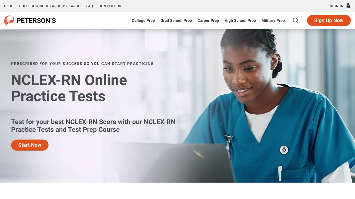 Peterson's NCLEX-RN Online Practice Tests product page showing the hero headline, the Start Now call to action and the Cancel anytime badge above the plan chooser